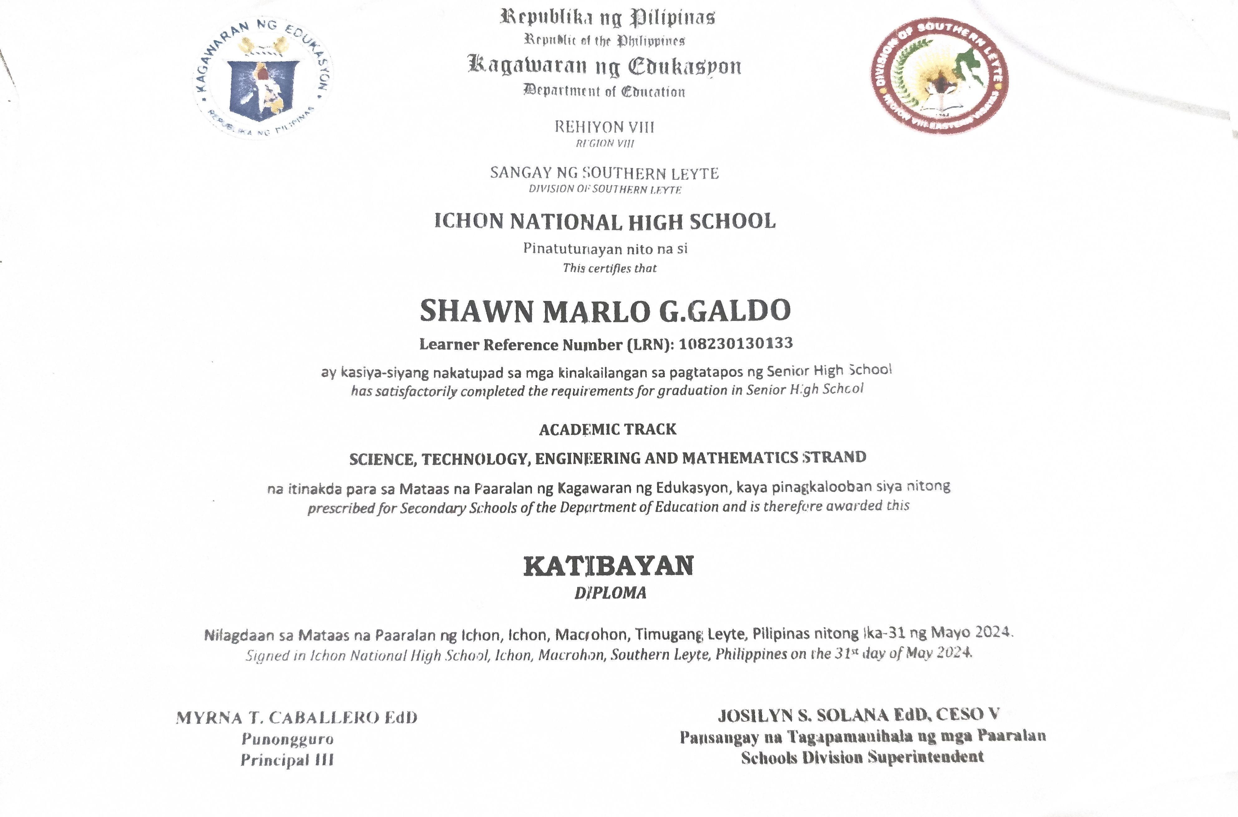 Senior High School STEM diploma issued to Shawn Marlo Galdo