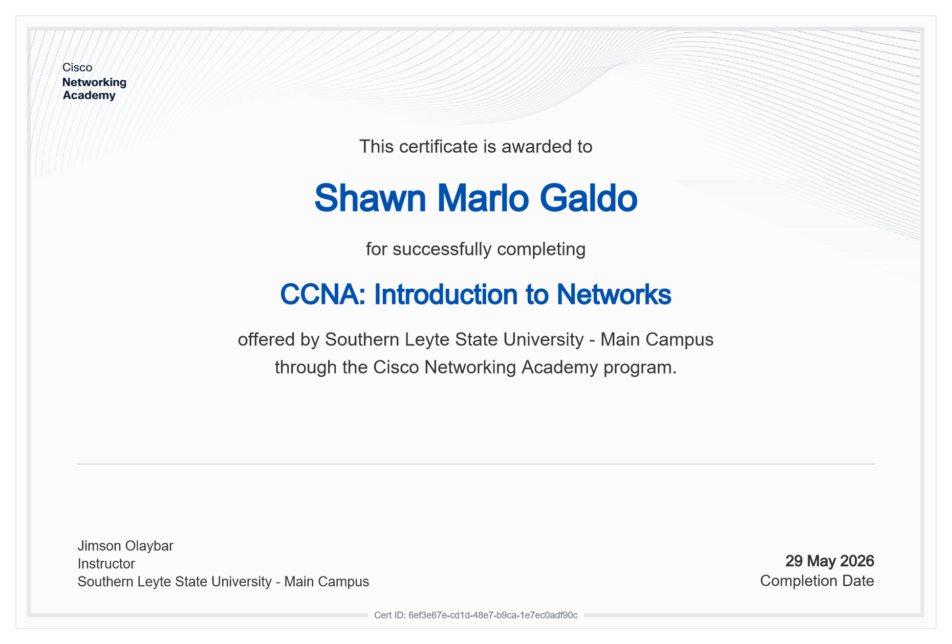 CCNA: Introduction to Networks certificate issued to Shawn Marlo Galdo